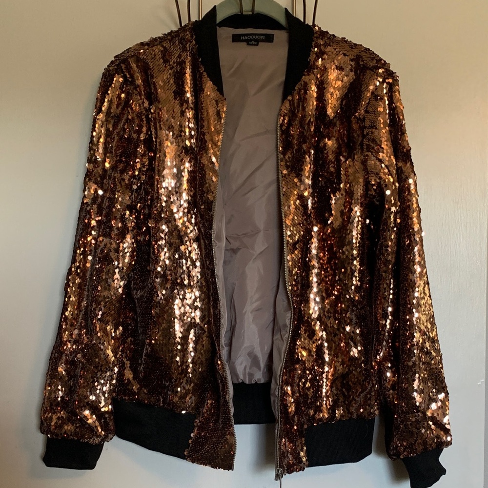 HAODUOYI Gold Bomber Jacket with Reversible Sequins (UNWORN)